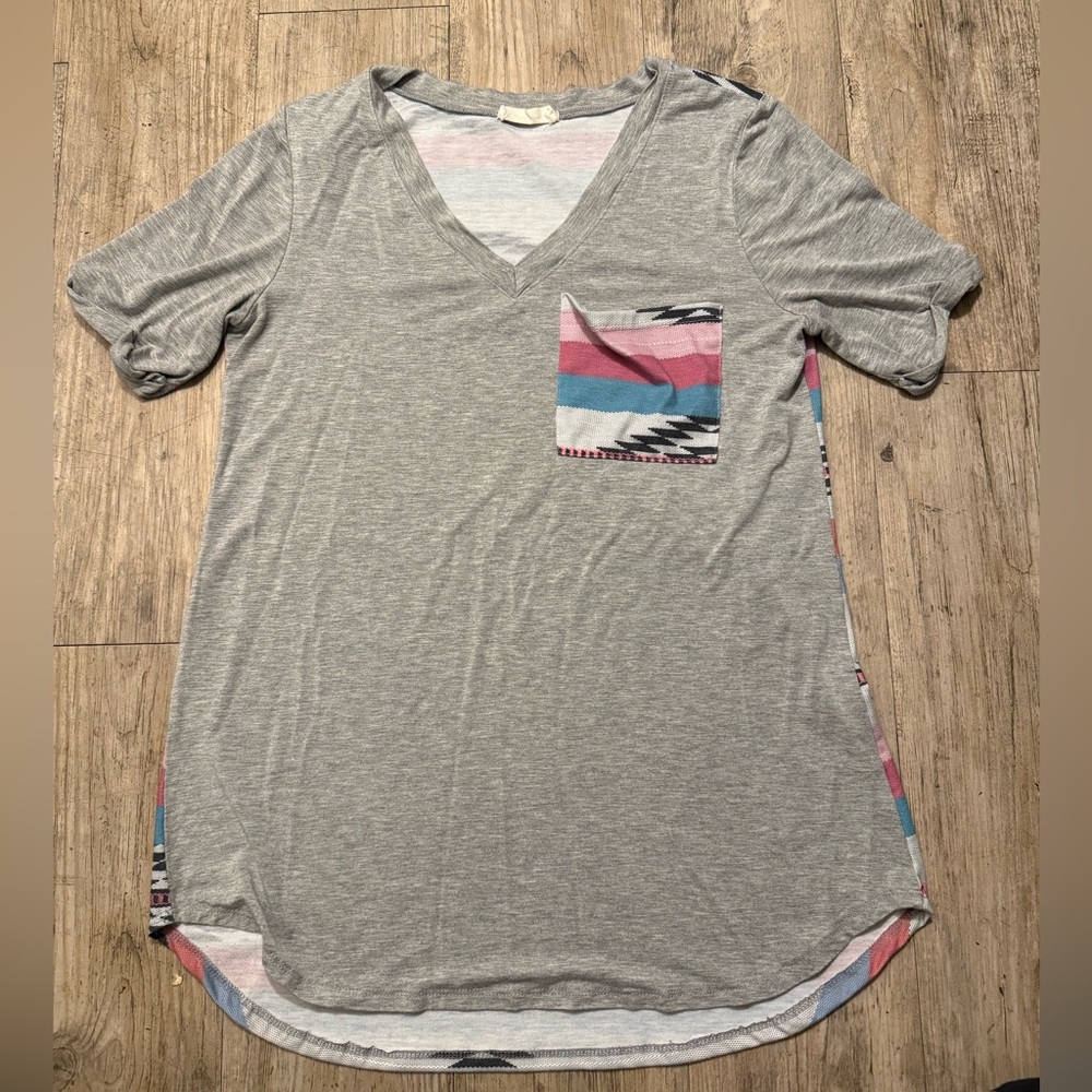 Gray V-Neck Top with Southwest Design